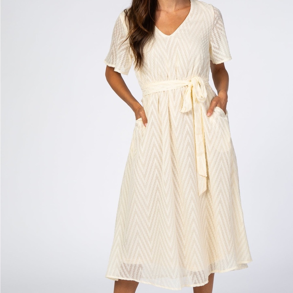Pink blush Maternity Ivory Textured Chiffon Waist Tie Maternity Midi Dress